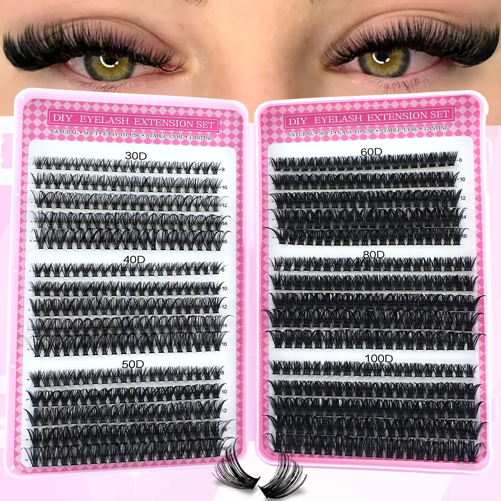 DIY false eyelashes, with moderate curling degree, natural and fluffy, in length range of 8mm to 16mm, with mixed lengths, and can be assembled by oneself in clusters, False Eyelash Set