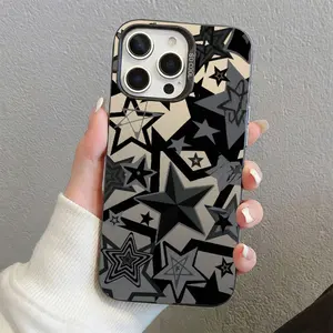 Black and Gray Star Pattern Phone Case， Futuristic Geometric Style for iPhone 17 16 15 14 13 12 11 Plus Pro Max Gift.