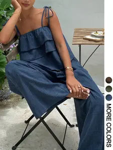 Women's 2-Piece Casual Sleeveless Top with Ruffle Design + Comfortable Long Pants Set, Perfect for Daily Wear, Vacation, and Commute
