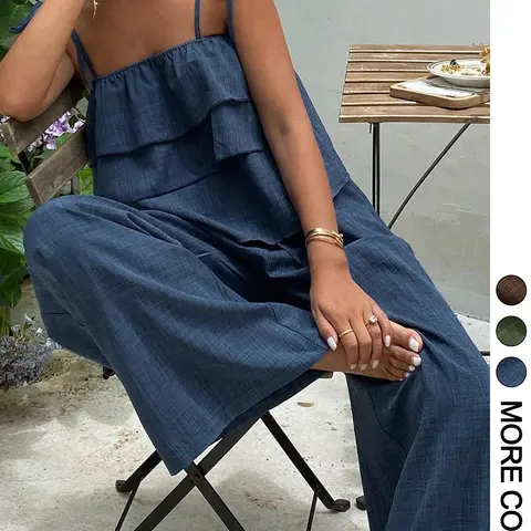 Women's 2-Piece Fitted Casual Sleeveless Top with Ruffle Design + Comfortable Long Pants Set, Matching Sets, Womenswear, Perfect for Daily Wear, Vacation & Commute, Sleeveless Lounge Set