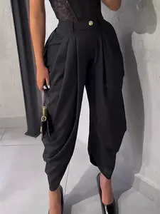 Aliling Women's Casual High-Waisted Wide-Leg Long Pants, Plain Fitted Design Elastic Waist All-Season Wear, Stylish Loose Fit Pocketed Bottoms