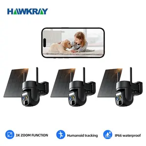 HAWKRAY Solar Security Wireless Outdoor Camera,10X Zoom,2K Resolution 360° Pan Tilt Control,WiFi Battery Powered Camera with Spotlight Siren PIR Motion Detection (3-pack)