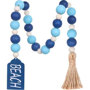 Wood Bead Garland, Coastal Tassel Garland with Beach Tag Boho Farmhouse Decor for Tiered Tray Table Centerpiece Wall Home Decoration