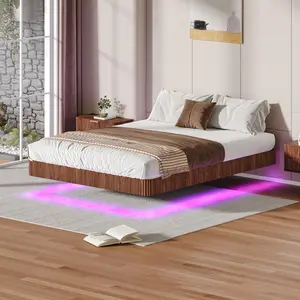 Queen and king size Noise-free Floating Bed Frame with Controllable LED Lights, Wave Curve Wood Texture Bed with Heavy Duty Metal Slats - No Box Spring Needed.