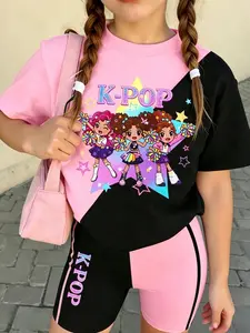Girls' Cute K-Pop Dance, 2-Piece Colorblock T-Shirt and Shorts Set, Summer Casual Clothing for School/play/performance
