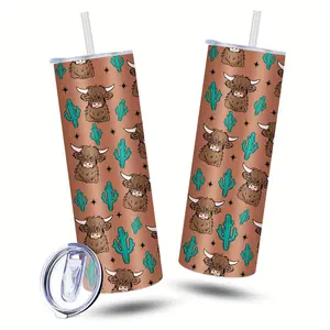 1pc 20oz insulated stainless steel glass thermos cup, with cartoon ox pattern, double-layer heat insulation, leak-proof and heat preservation, suitable for home, outdoor, fitness, office, ideal gift for men and women, water cup, glass straw