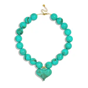 Chunky Heart Necklace, Handmade Turquoise Beaded Statement Necklace for Women, Gifts for Women