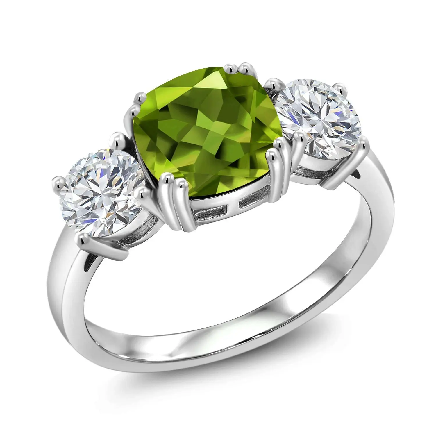 925 Sterling Silver Green Peridot and Lab Grown Diamond Engagement Ring For Women | 3.45 Cttw | Cushion 8MM | Gemstone August Birthstone