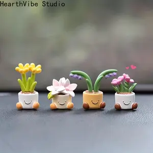 4pcs Cute Car Accessories, Potted Flower Car Decoration, Mini Dashboard Decoration, Showcasing Luxury Feel, Dashboard Accessories, Interior Accessories