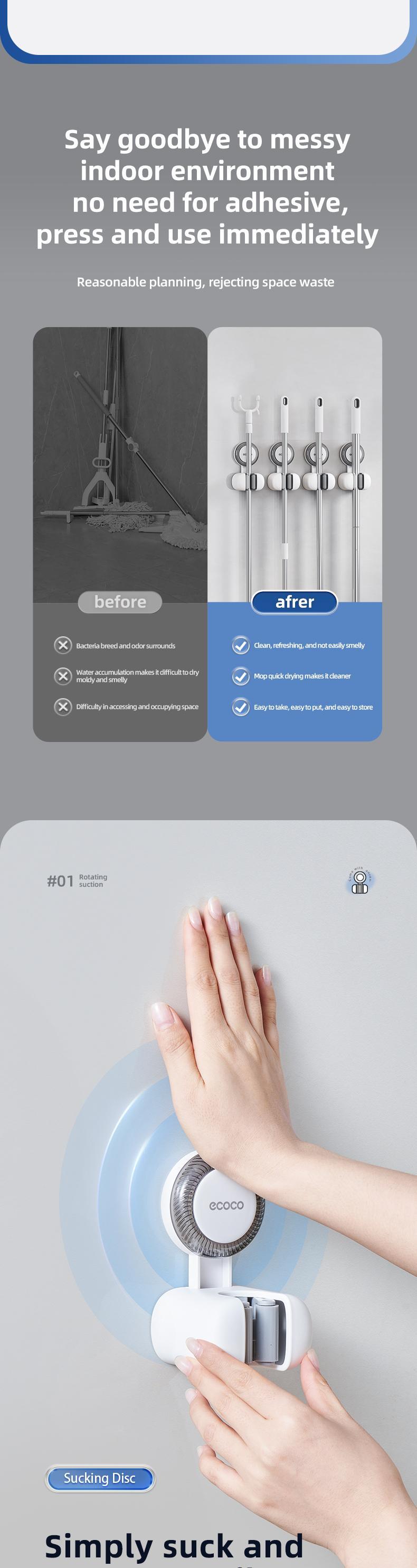 RENEMOS Suction Cup Mop Rack - Versatile Cleaning Tool Organizer for Utility Room & Shower - Non-Slip Grip - Waterproof & Reusable Wall Hanger - Secure Storage for Mop, Broom & Swiffer