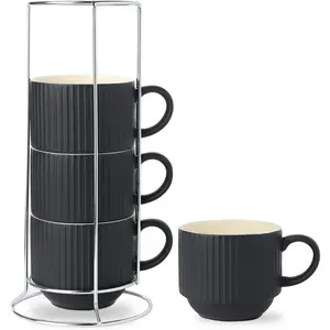 Coffee Mug Ceramic Set of 4 with Stand - 15 oz Stackable Large Porcelain Ribbed Latte Cup Set for Cappuccino, , Hot Cocoa, Drinks - Dishwasher & Microwave Safe, Black