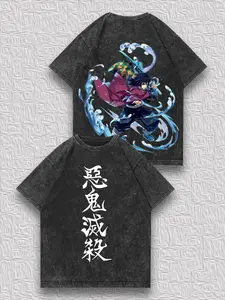 valentine shirts Men's Vintage Distressed Double-Sided T-Shirt - Demon Slayer Giyu Tomioka Water Breathing Special Effect Print, Retro Street Style Unique Trendy Short-Sleeve