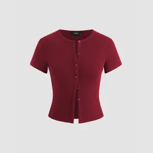 Cider Round Neckline Solid Button Short Sleeve Top