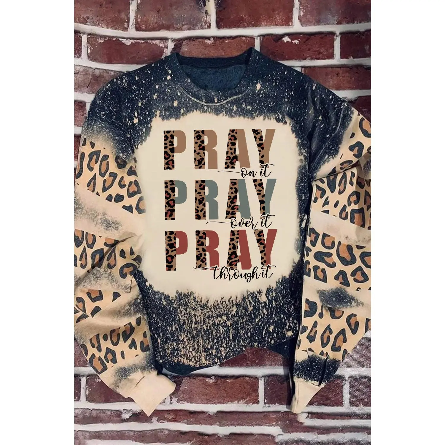 Black PRAY Letter Leopard Bleached Color Block Sweatshirt