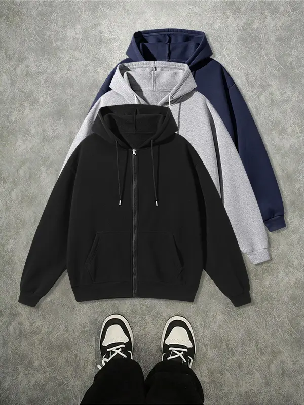 Men’s hooded zip-up sweatshirt, multi-pack for autumn, loose casual fit, versatile solid color everyday outerwear