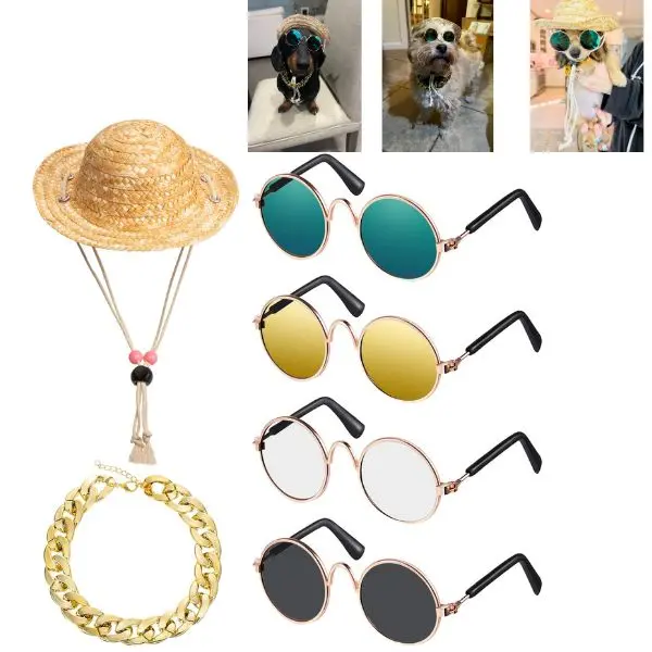 6PCS Funny Dog & Cat Costume Set – Pet Sunglasses, Summer Straw Hat & Golden Chain Collar Accessories for Small Medium Dogs & Cats