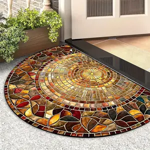 Vintage Half-Round Door Mat, Leaf Print Design, Soft Non-Slip Washable Rug, Home Decor Indoor Outdoor Entrance Carpet, Decorative Rugs