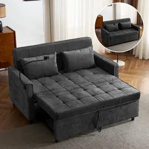 3-in-1 Convertible 2-Seat Sleeper Sofa Bed, 56.9" Small Pull-Out Couch Bed with Adjustable Backrest, Chenille Loveseat with Side Pocket, USB Ports & Phone Holder for Small Spaces (Black), Two Seats