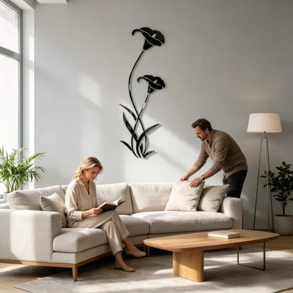 1 Piece Removable Black Mirror Calla Lily Wall Decal 1000×290mm, No Residue Vertical Floral Acrylic Wall Sticker Drill-Free 3D Mirror Wall Art for Rental Apartment Corridor Bedroom Dark Style Decor