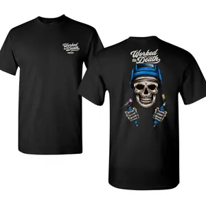 Worked to Death Welding Skull T-Shirt, Black Tee with Bold Back Graphic of Skull in Blue Helmet Holding Torches, Soft Cotton Blend Shirt, Industrial Streetwear for Men and Women, Gift for Welders and Metalworkers