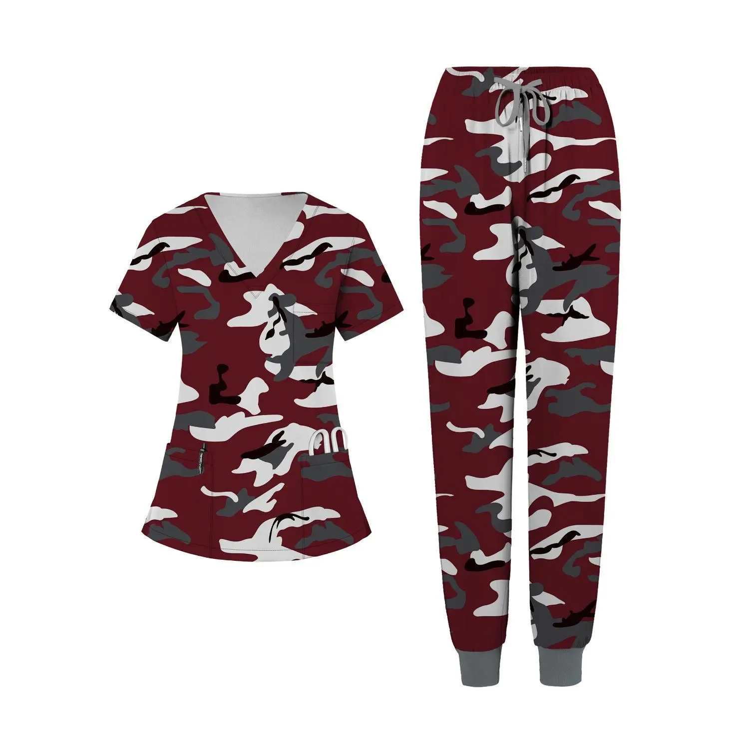Breathable Camouflage Women's Workwear Set | V-Neck Pocket Top & Cuffed Pants | Hand Wash Print Uniform