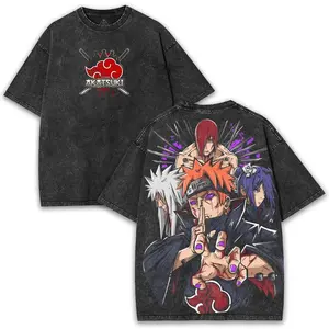 Akatsuki Dual-Sided Oversized Anime Tee – 230GSM Vintage Washed Pain Ninja Shirt | Rule the shadows in true Akatsuki style Cotton Menswear
