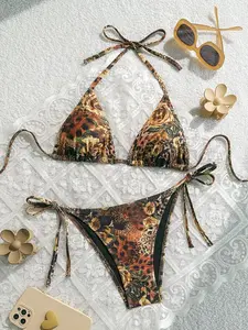 ISLA Swim 2pcs/Set Summer Floral Print Halter Neck Triangle Top & Narrow Side-Tie Sexy Bikini Set