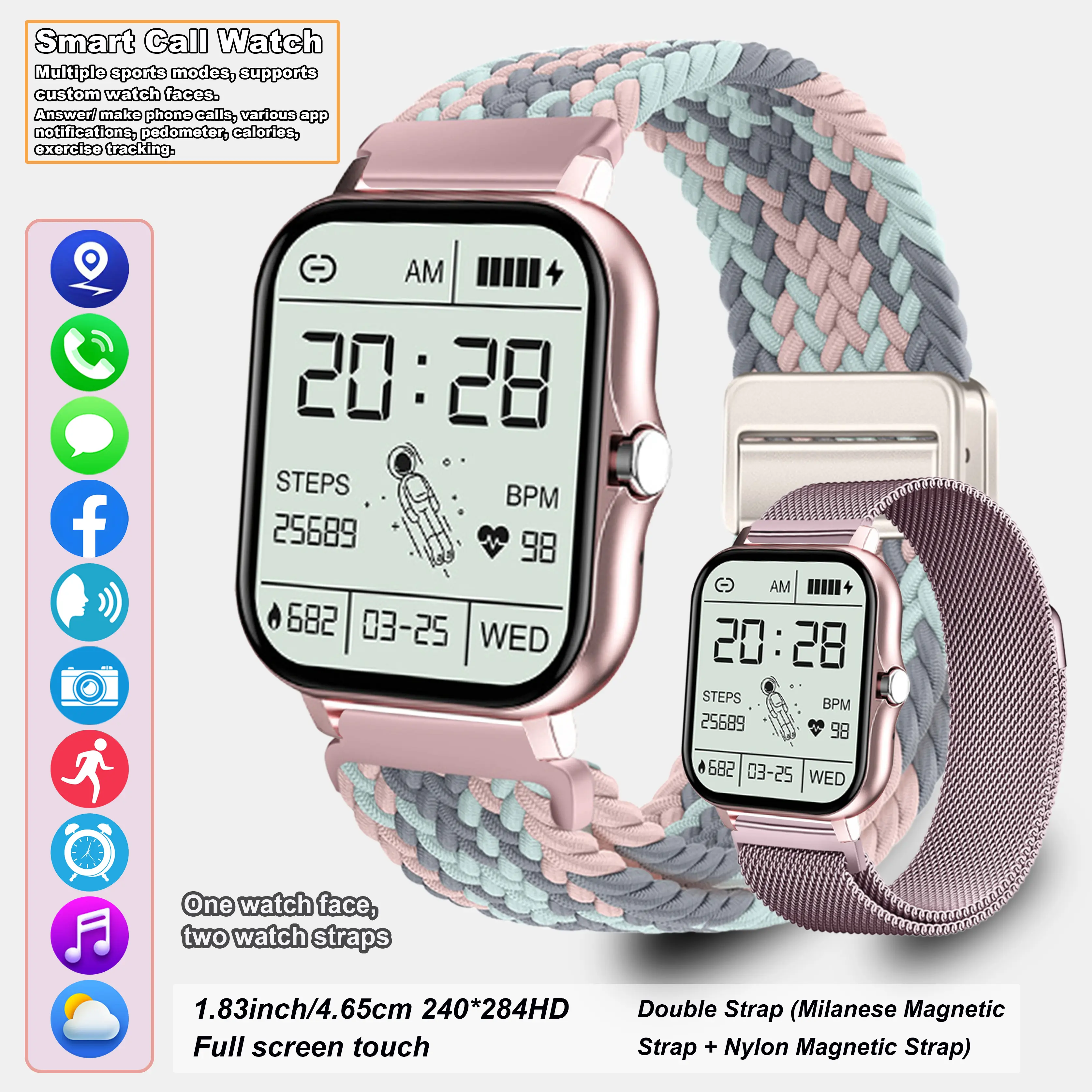 Fashionable smart women's watch, wireless calling/dialing, wireless music, message reminders, pedometer, multiple sports modes, smart wearable device, connects to smartphone, suitable for iPhone/Android, gift for meeting, performance reward gift