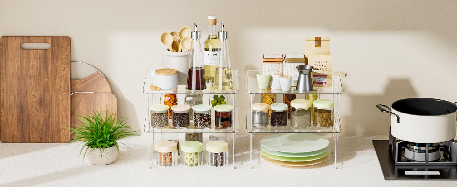 2 Pcs Cabinet Organizer Shelf, Stackable Kitchen Counter Shelves, Spice Rack, Countertop Organizers, Clear Plastic Storage Shelves Rack for Makeup, Bathroom, Cupboard, Desk, Pantry Organization