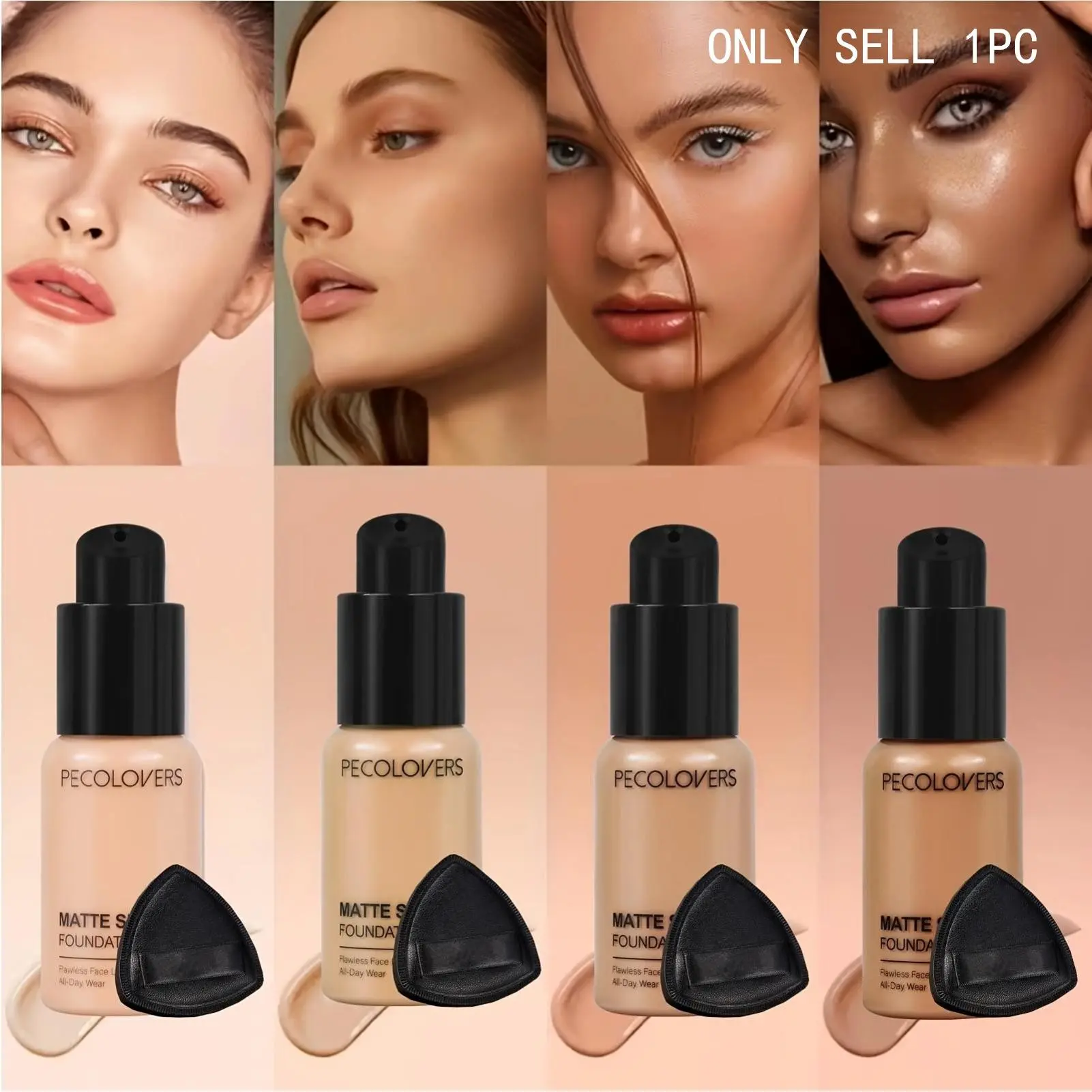 All-Covering Base Blurring Foundation with Puff, Sweat-Proof & Water-Resistant, Conceals Dark Circles, Pores, Blemishes, Natural Matte Finish, All Skin Types, Flawless Base