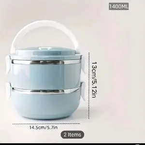 Stainless Steel Lunch Box Set 2/3-Layer Thermally Insulated Bento Box with Lid 1400ML Cylindrical Manual Operation for Office School Camping Picnic Kitchen