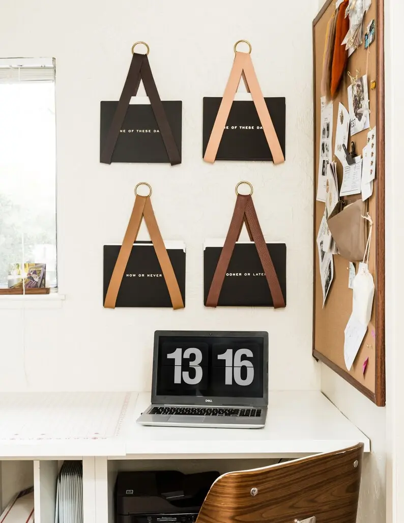 Leather strap hanging file storage organizer file holder for wall storage wall hung magazine holder office wall decor wall mail organizer