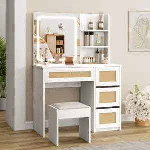 White & Gold Rattan Vanity Desk with Adjustable LED Mirror 4 Drawers 2 Tier Open Shelves Large Storage Makeup Dressing Table for Bedroom Beauty Room