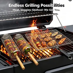 304 Stainless Steel BBQ Grill 3-Piece Set, Portable Outdoor Rolling Barbecue Cage with Wooden Handle, Rotatable Round Grill Tube & Flat Grilling Basket for Camping, Backyard BBQ, Picnic & Smoker,Cooking,Father’s Day Gift