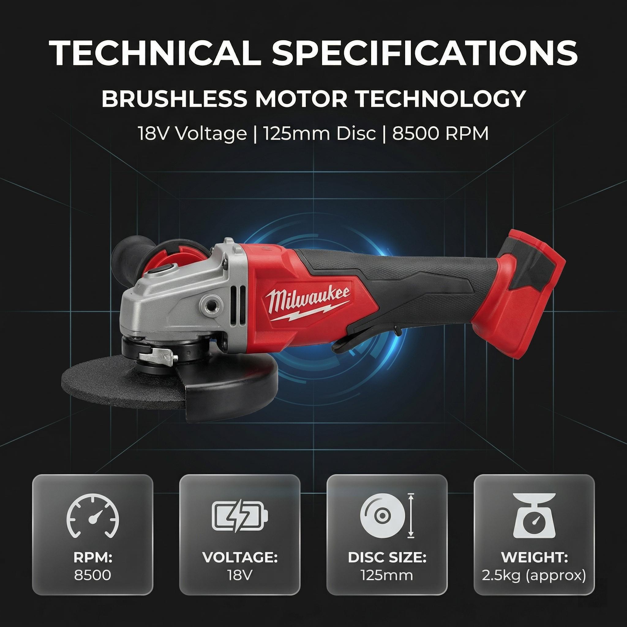 Milwaukee 18V Brushless 125mm Angle Grinder Featuring 8500 RPM Variable Speed and 33mm Cutting Depth, Professional M14 Spindle Power Tool for Metal Grinding and Heavy Duty Concrete Cutting Tasks in Construction Sites Milwaukee 18V Brushless 125mm Angle Grinder Featuring 8500 RPM Variable Speed and 33mm Cutting Depth, Professional M14 Spindle Power Tool for Metal Grinding and Heavy Duty Concrete Cutting Tasks in Construction Sites