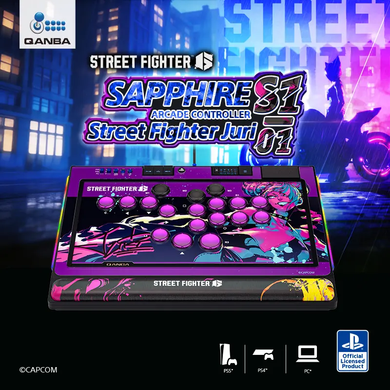 QANBA Sapphire S1 Arcade Controller Street Fighter 6 Juri Edition, Fighting Stick with Adjustable Throw Distance, Heads-Up Display, Cherry MX Switches, Compatible with PS5, PS4, PC, and Street Fighter 6
