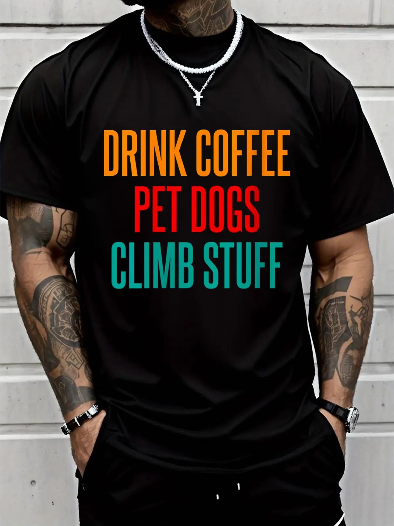 100% cotton Mens Drink Coffee Pet Dogs Climb Stuff Tree Rock Climber o-neck T-Shirt Men Graphic T-Shirt Cotton Print short Sleeve Casual Top, Summer Tee Mens Tops