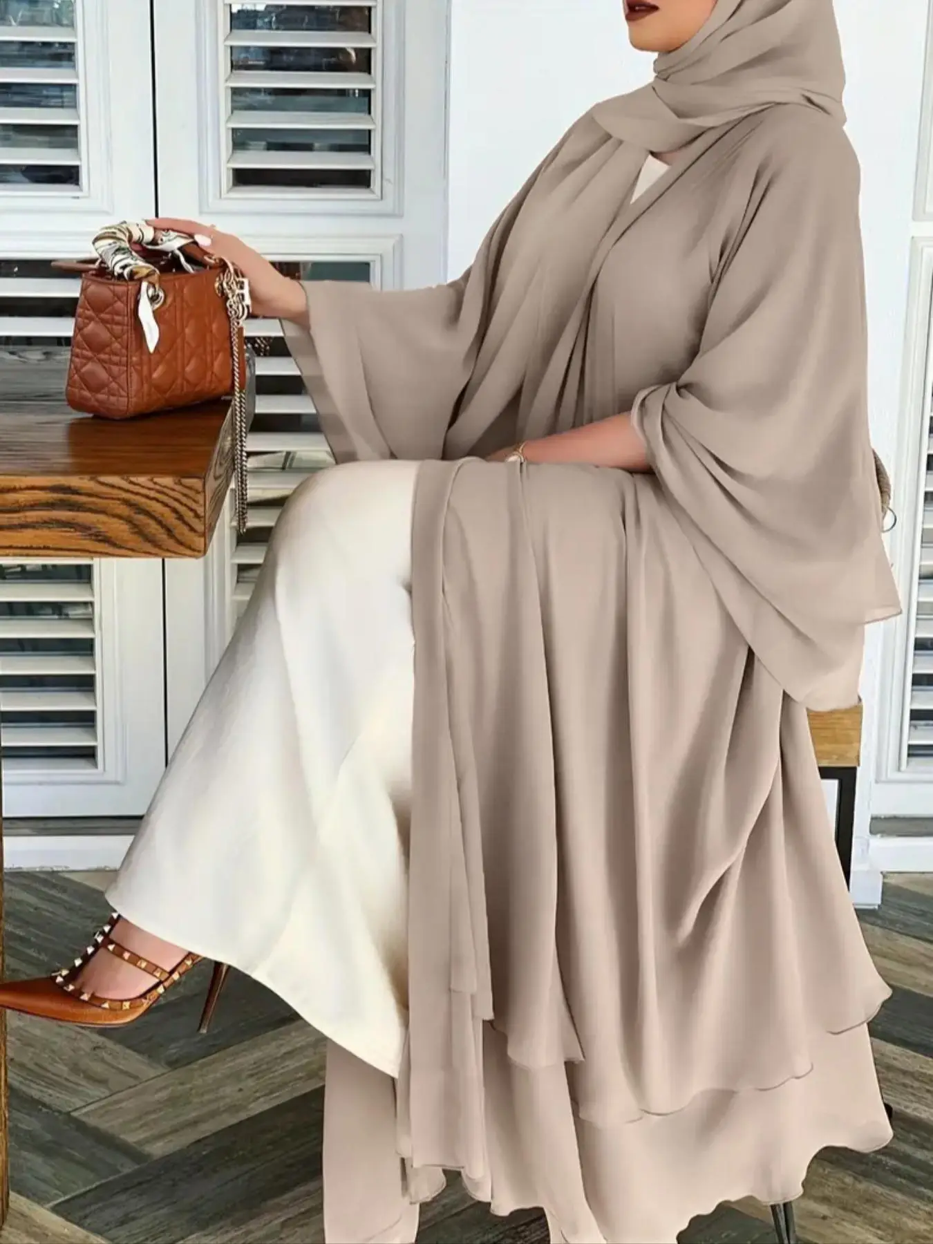 Women's Solid Color Cloak Sleeve Chiffon Arabic Robe, Elegant Long Sleeve Open Front Long Robe with Belt & Hijab for Daily Wear, Ladies Islamic Clothi