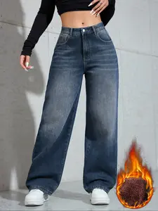 Women's Vintage Fleece Lined Thick Denim Jeans, Fall & Winter Fashion Wide Leg Straight Fit Pants, Elegant Plain Woven Fabric
