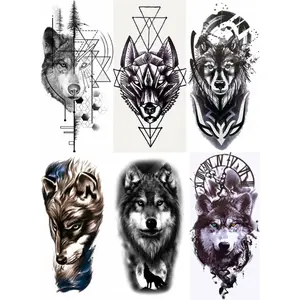 6pcs Cool Handsome Wolf Head Waterproof Temporary Tattoo Fake Sticker Arm Hand Cool Art Black Transfer Clock
