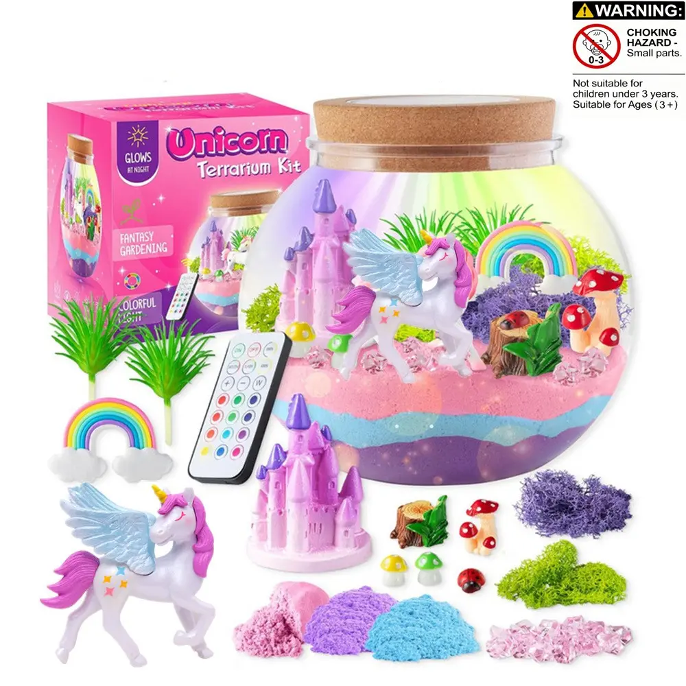 Unicorn Terrarium Kit for Kids - DIY Light-Up Night Light with Remote Control, 13 Color Changing LED, Creative LED Lighting, Arts and Crafts Gift for Girls Ages 4-12, Magical Unicorn Castle & Rainbow Decor