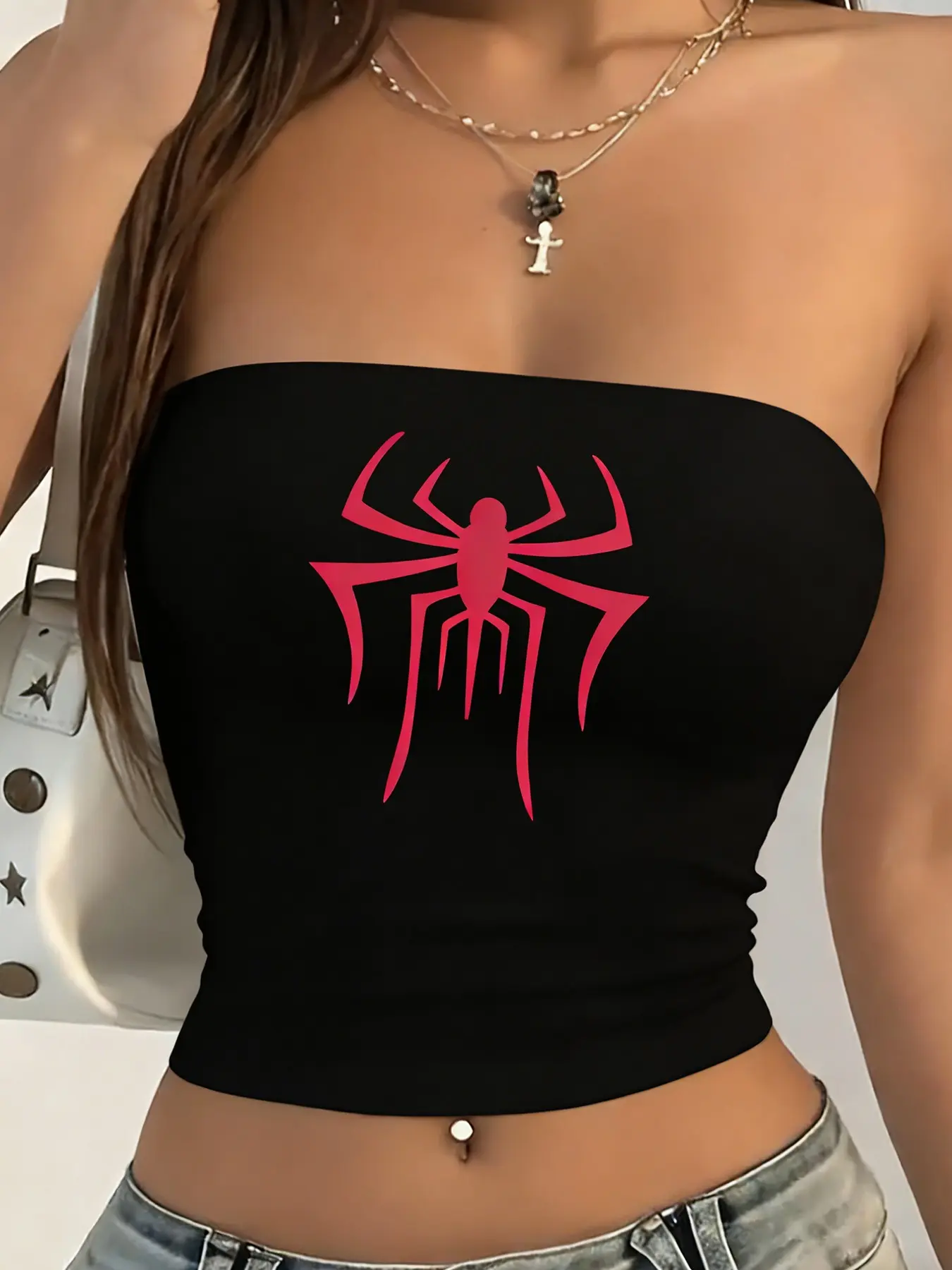 2026 Viral Spider Graphic Womenswear Tube Top, Y2K Grunge Hunting Strapless Crop Top, Trendy Gothic Fashion Streetwear Aesthetic Top, Sexy Sleeveless Animal Print, Bandeau Tube Tops, Bandeau Cropped Tops