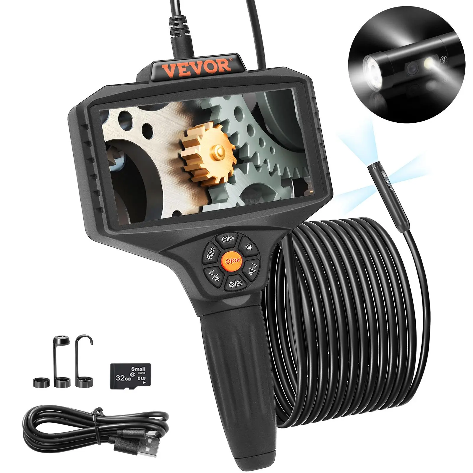 【BackToSchool】VEVOR Triple Lens Borescope Endoscope Camera, 5" IPS Screen HD Imaging Tool with 10 LEDs, 8X Zoom 1080P Split Screen, 16.5FT Cable, 32GB SD Card, Type-C Auto Engine/Pipe Checks Diagnostic Tool, IP67 Waterproof, 180° Image Rotation (Father's