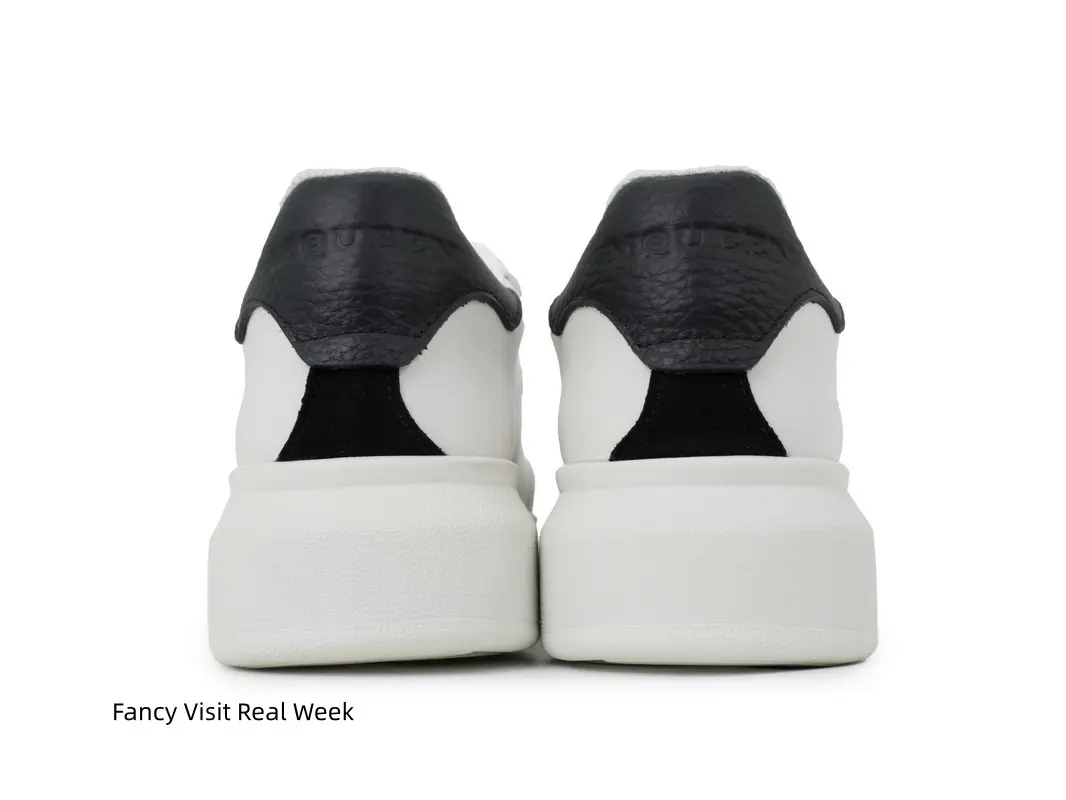 Genuine White Cow Leather Platform Sneakers with Black Contrast Heel Tab & Embossed Letter Detail, Height-Increasing Non-Slip Thick Sole Fashion Casual Trainers, Unisex Daily Streetwear Footwear for Office Commute & Outdoor Walking：， + ，，