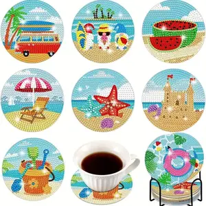 8 PCS 5D Diamond Art Coasters Set with Holder, DIY Diamond Painting Tableware Cup Mats for Adults, Stylish Tropical Summer Beach Home Decor Craft Gift