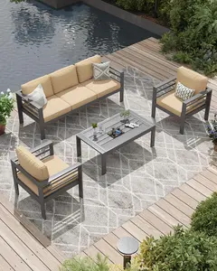 【2 packages arrived at different times】Aluminum Patio Furniture Set, 5 Seats Modern Outdoor Furniture with Coffee Table, 4 Pieces Metal Conversation Sectional Sofa
