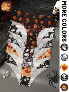 5-pack Halloween printed panties, cute ghost skull pumpkin printed women's briefs, skin-friendly fit suitable for autumn and winter festive atmosphere and everyday wear women's underwear.