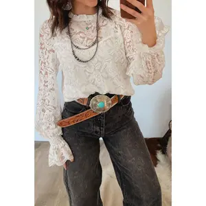 Ruffled Long Sleeve Sheer Lace Blouse