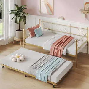 Twin daybed with Trundle, Metal Twin Daybed and Trundle Set, Day Bed Sofa Bed Frame with Steel Slat Support, Multifunctional Daybed Frame for Bedroom (Gold Sets)