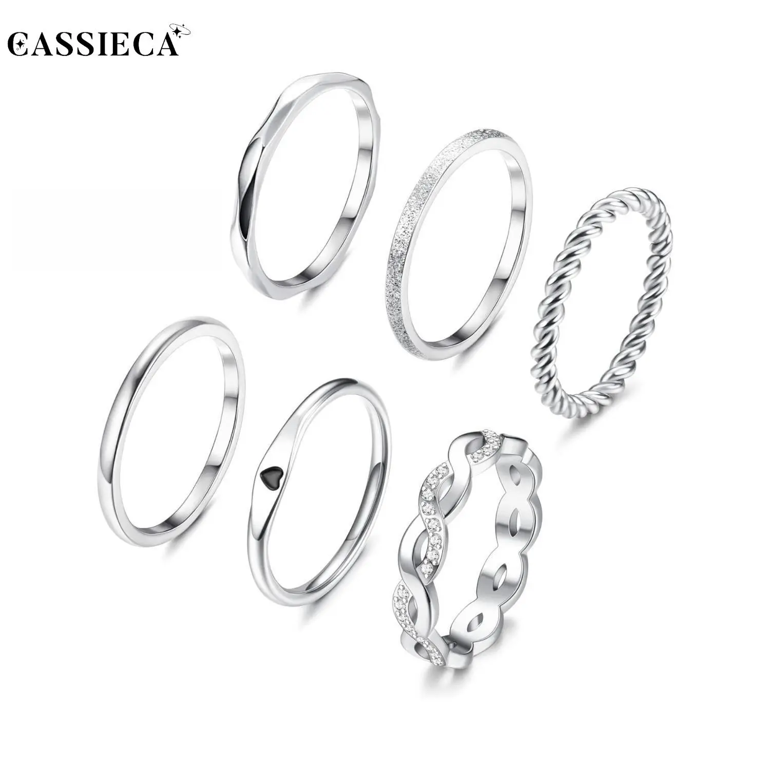 CASSIECA Women's 6PC Stainless Steel Minimalist Stacking Ring Set, Heart Shaped Carved Rings, Non Tarnish Stackable Knuckle Thumb Bands for Promise, Everyday Summer Vibes Jewelry, Heart Shaped Ring, Non Tarnish Jewelry